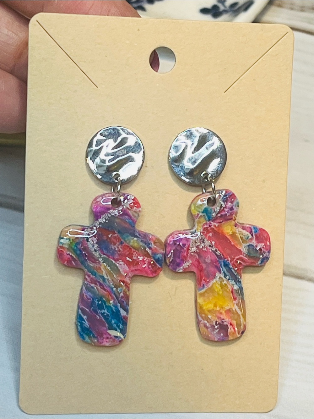 Hand Crafted Multicolor Swirl Cross Drop Earrings - Pink, Blue, Yellow